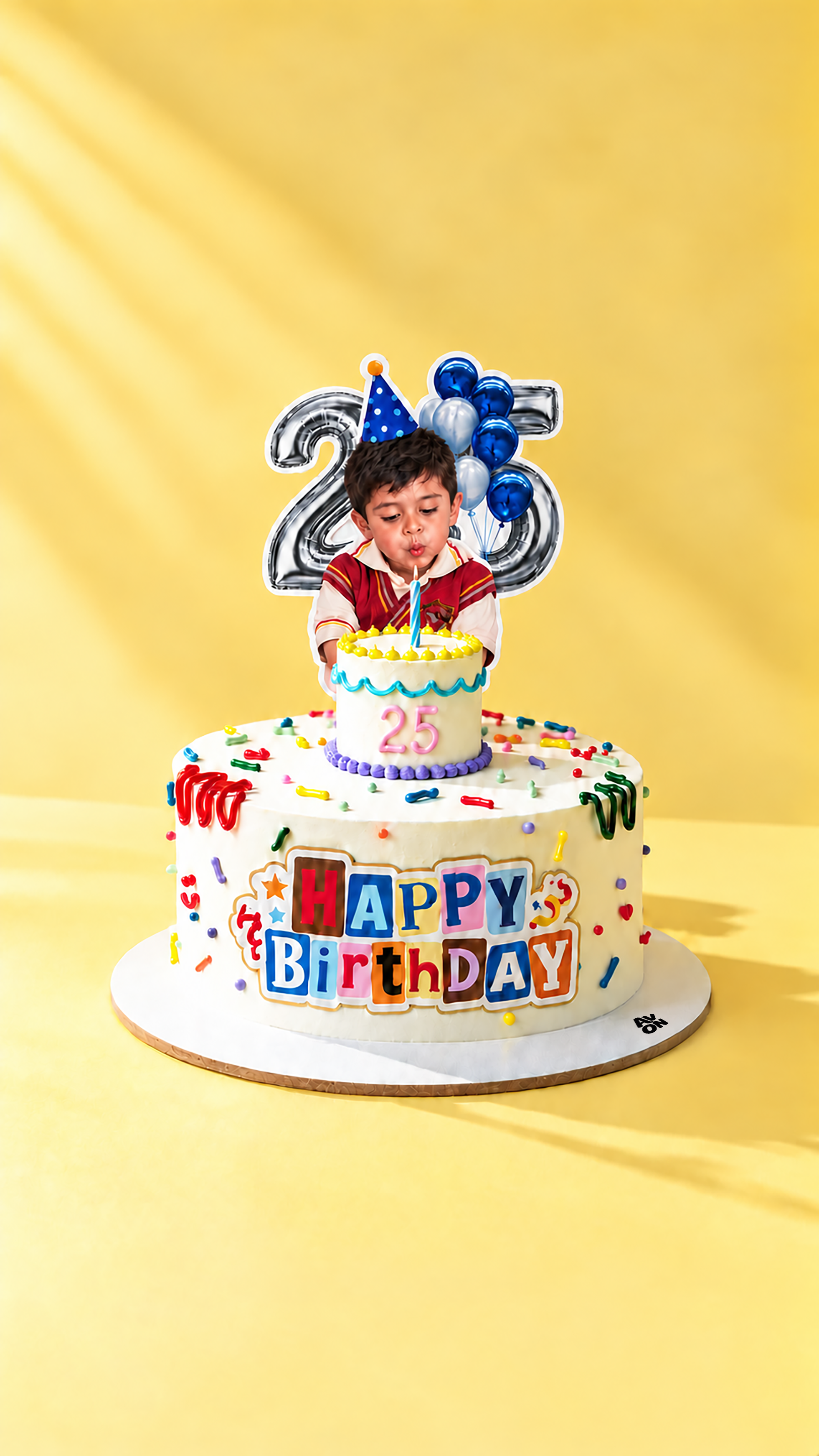 Two-tier Celebration of a Lifetime cake with the child's photo and age