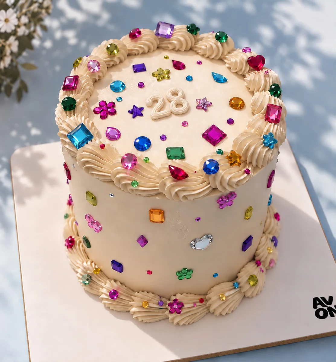 Tall cream Crystal Cake covered in colourful crystals with the number 28
