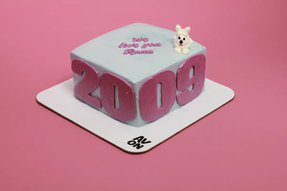 Square calendar cake with 2009 in pink on its sides and a small cartoon figure on top