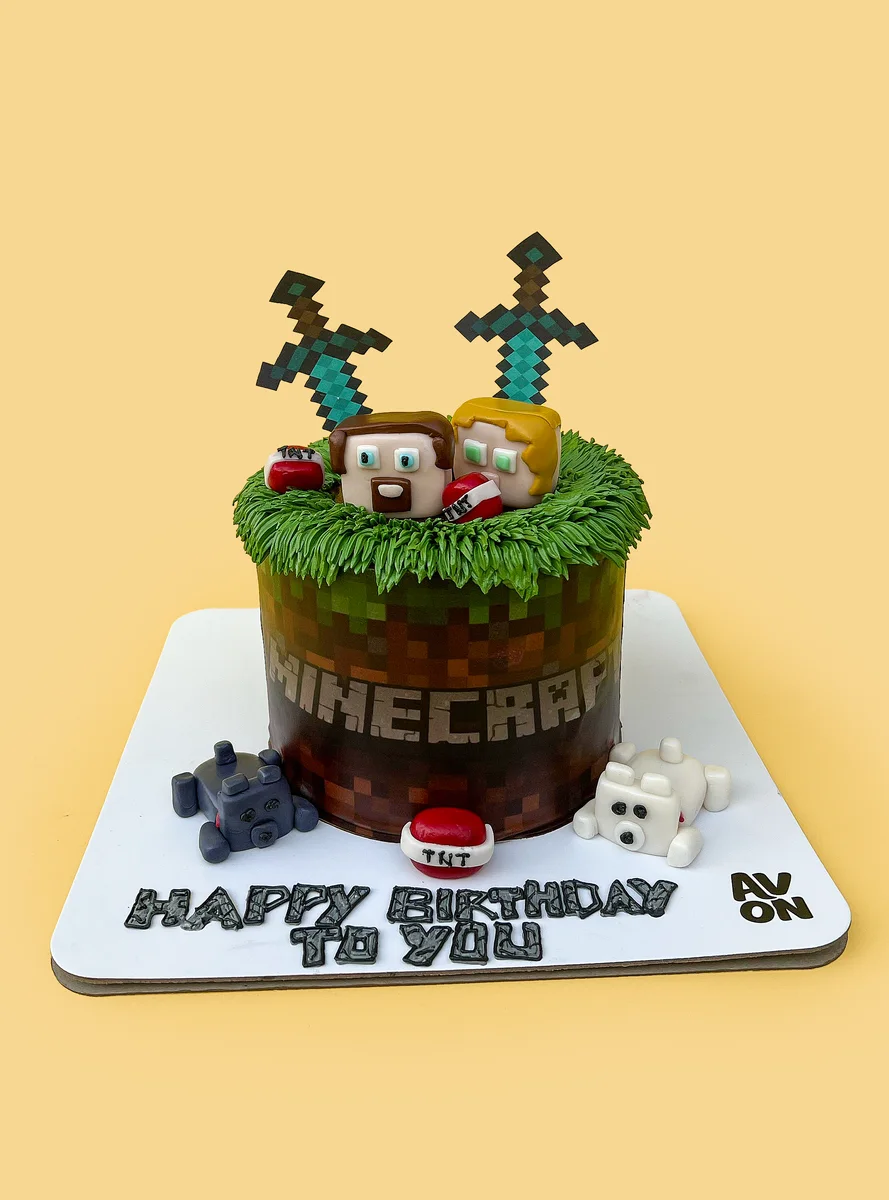 Double-height Minecraft cake with game characters by Avon Cake